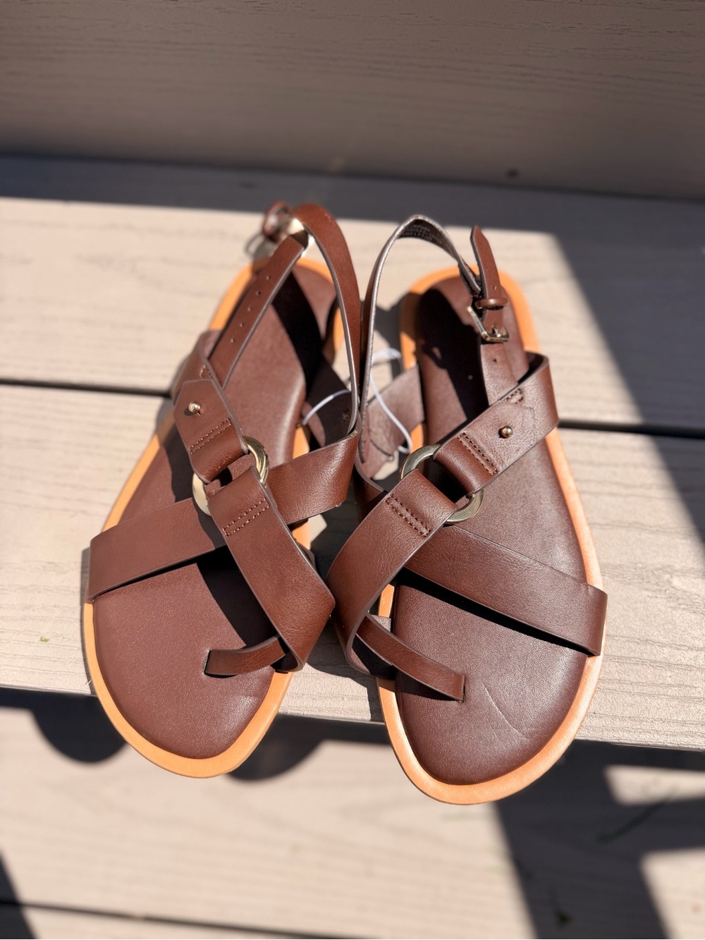 Universal Thread Brown Leather Crisscross Slingback Sandals with Tan Sole